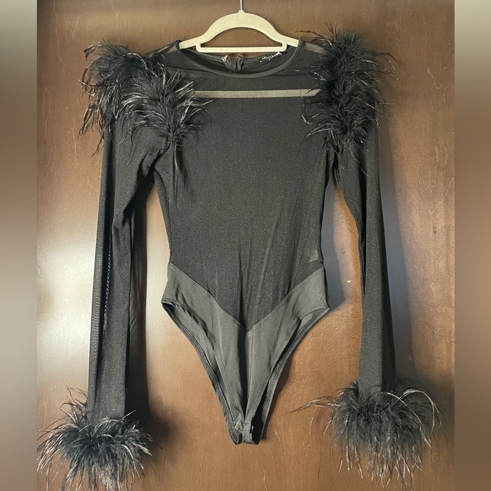Mesh body suit with feathers